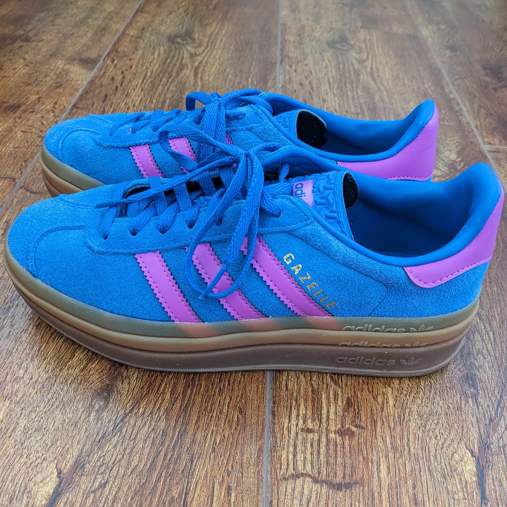 Adidas Gazelle Suede Sneakers in Blue with Pink Stripes